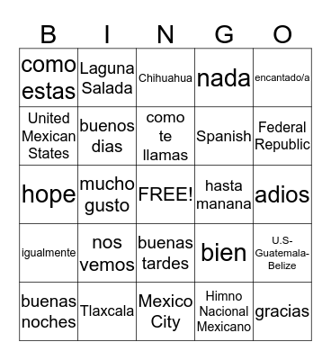 Spanish Greetings and Mexico Facts Bingo Card