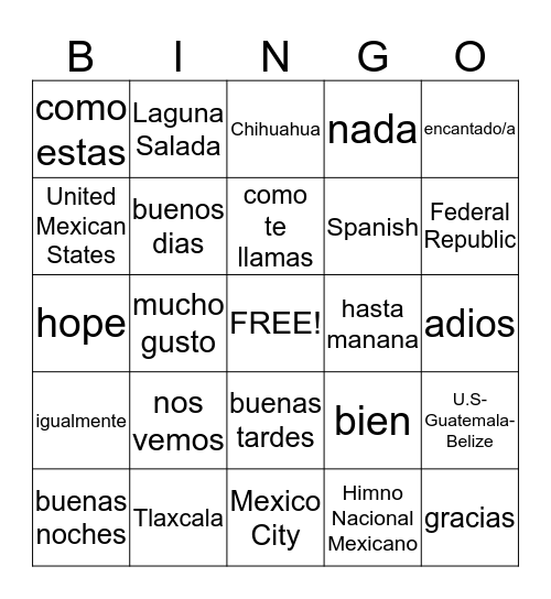 Spanish Greetings and Mexico Facts Bingo Card