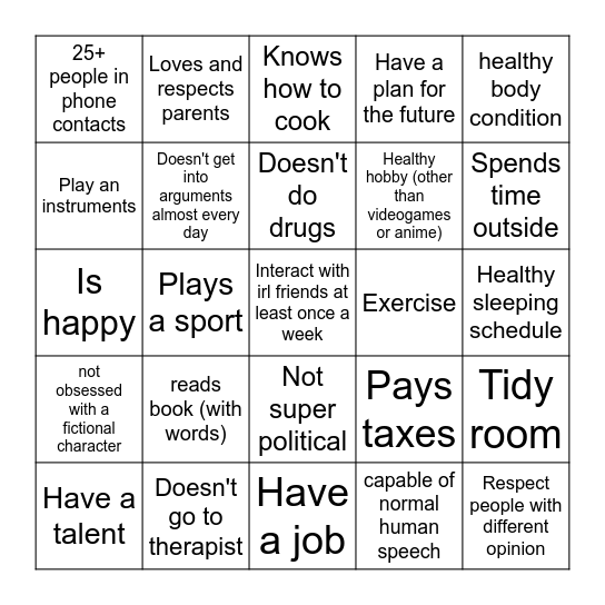 Normal Human Bingo Card