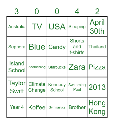 KIANA BINGO GAME Bingo Card