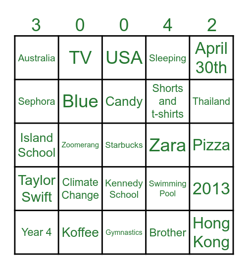 KIANA BINGO GAME Bingo Card