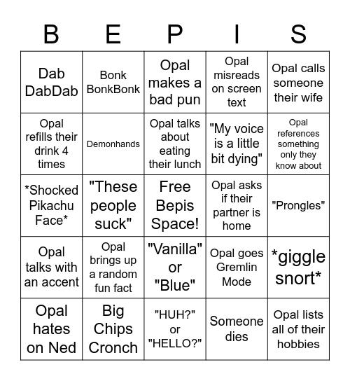 Opal Bepis Bingo Card