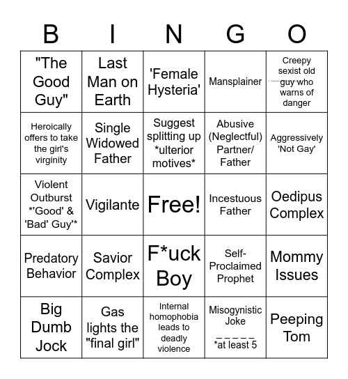 White Toxic Masculinity Horror Tropes Bingo Card