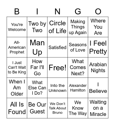 Disney/Broadway Bingo Card