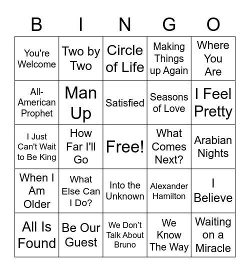 Disney/Broadway Bingo Card