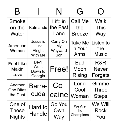 Southern Rock Singo BingoTake It Easy Bingo Card