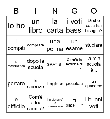 Language Lab- School Italian Bingo Card