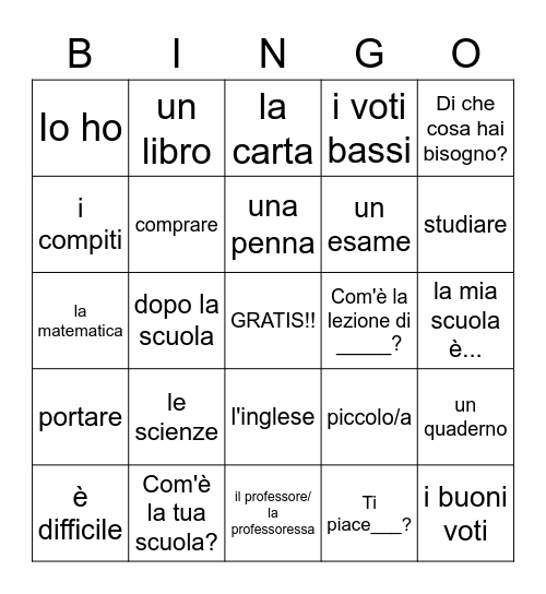 Language Lab- School Italian Bingo Card