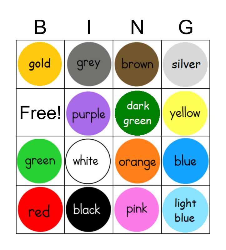 Auslan Colours Bingo Card