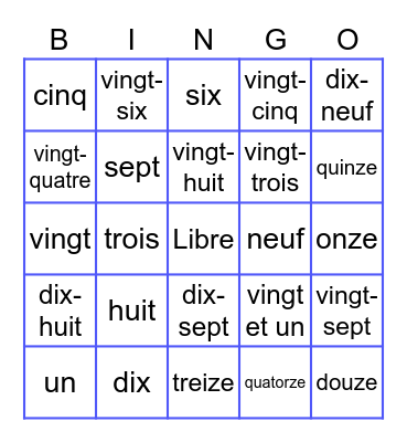 French Numbers to 29 Bingo Card