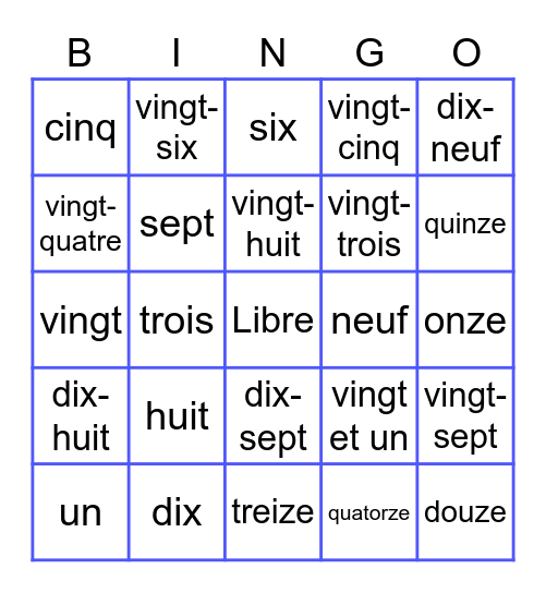 French Numbers to 29 Bingo Card