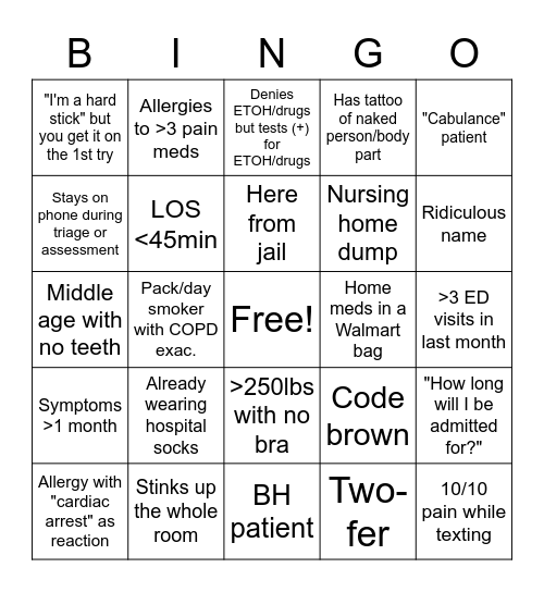 ER Bingo Card