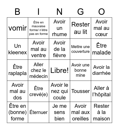 Unité 9B Bingo Card