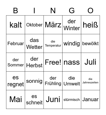 German Weather, Seasons, Months Bingo Card