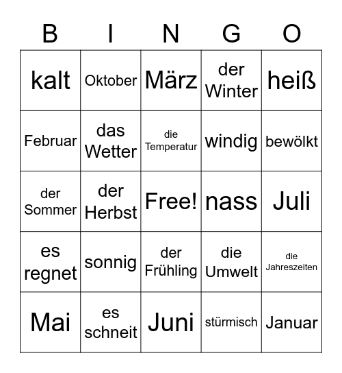 German Weather, Seasons, Months Bingo Card