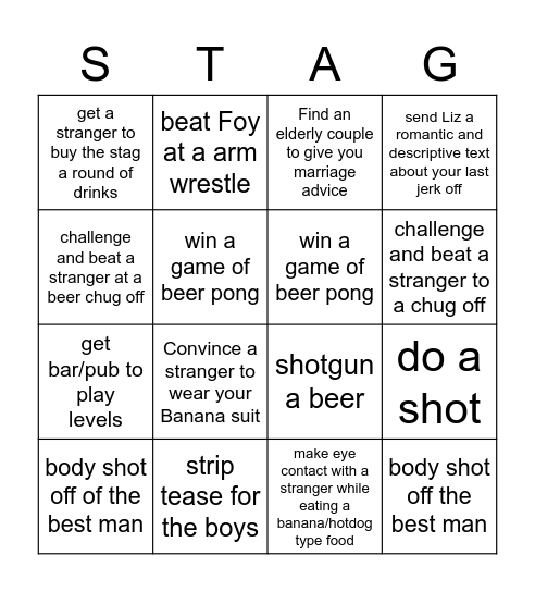 Jon's Stag Bingo Card