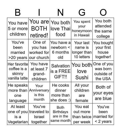 Packinghouse Married Couples Bingo Card