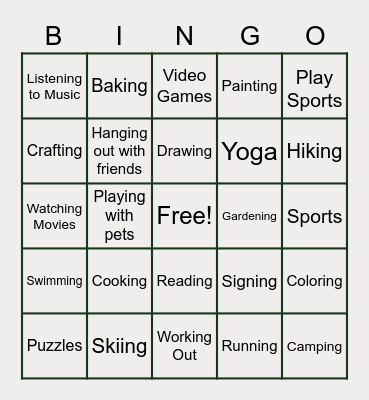 Hobbies Bingo! Bingo Card