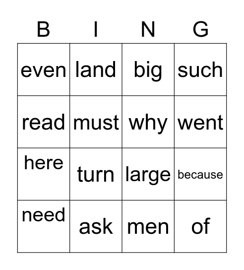 MCW Words List 15 Lesson 60 Bingo Card