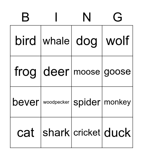 Kale's Animal Bingo Card