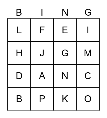 LETTERS Bingo Card