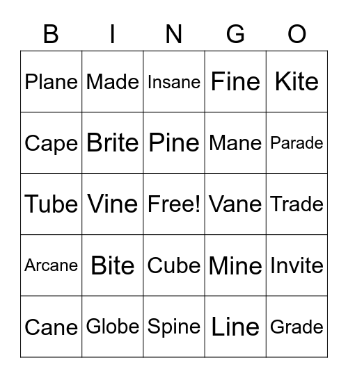 Silent -e Bingo Card