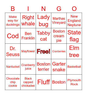 Massachusetts Bingo Card