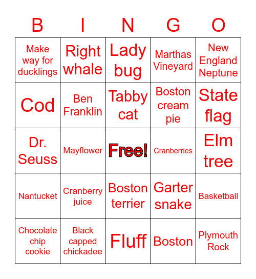 Massachusetts Bingo Card