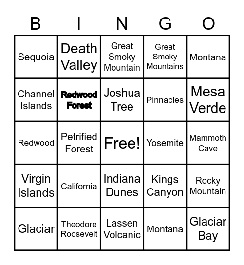 National Parks Bingo Card