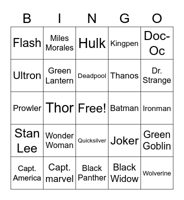 Super Hero & Villain Bingo Card