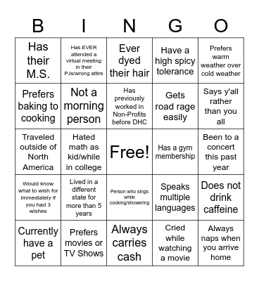DHC Staff Bingo Card