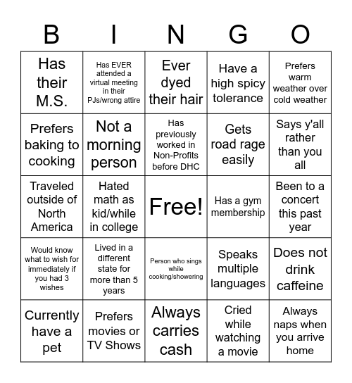 DHC Staff Bingo Card