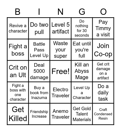 Genshin impact bingo Card