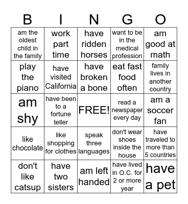 Getting to Know You Bingo Card