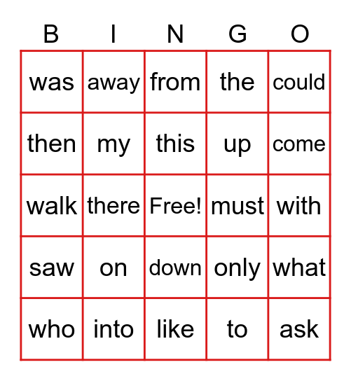 Sight Word BINGO Card