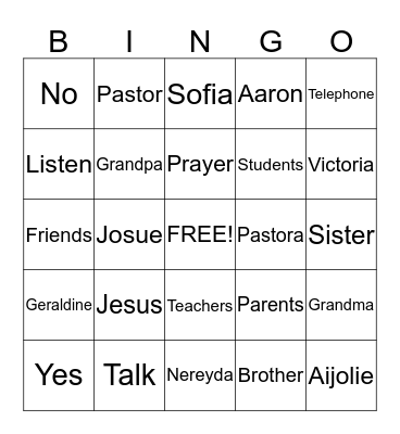 Prayer Bingo Card