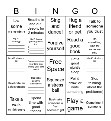 Mental Health Management Bingo Card