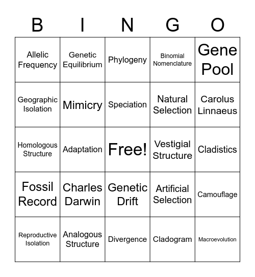Evolution Bingo Card