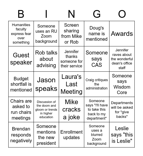 Laura's Last Meeting Bingo Card