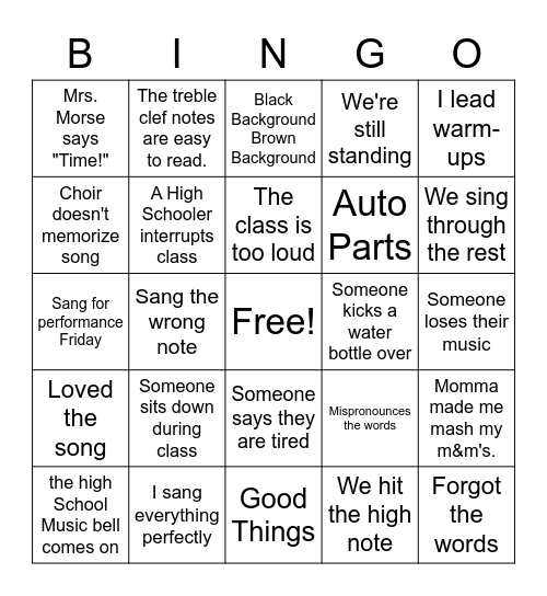 Choir Bingo Card