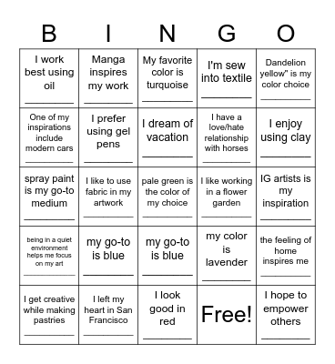 Art Show Artists Bingo Card