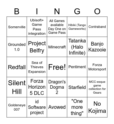 Xbox + Bethesda 2022 Games Showcase Bingo Card