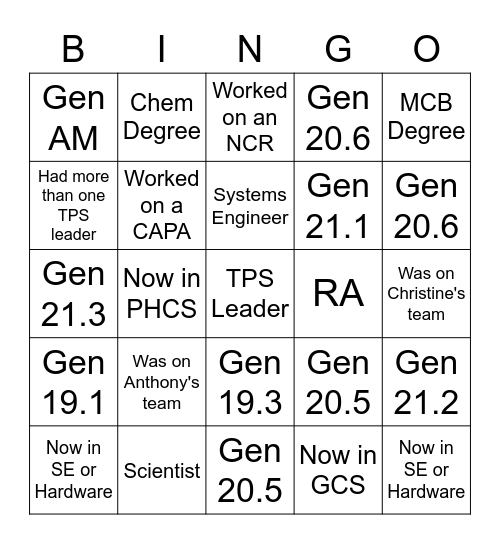 Alumni Bingo Card