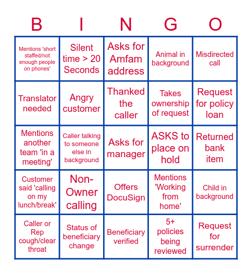 Phone Call Bingo Card