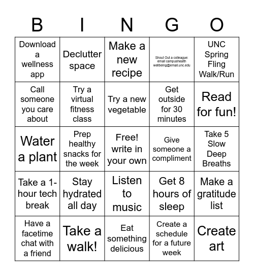 Wellness BINGO! Bingo Card