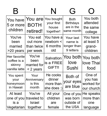 Packinghouse Married Couples Bingo Card