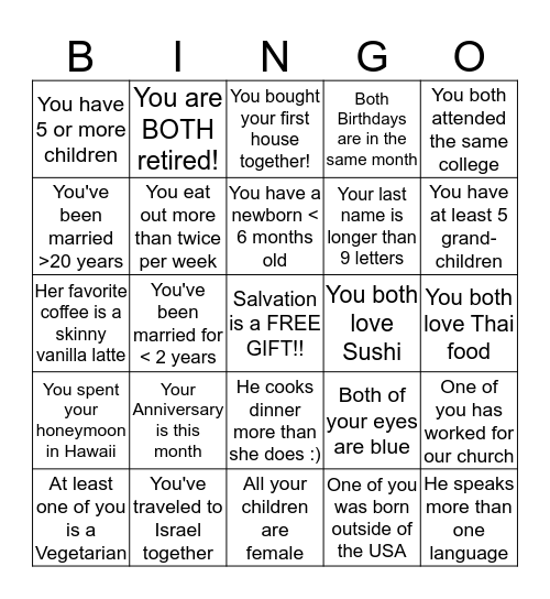 Packinghouse Married Couples Bingo Card