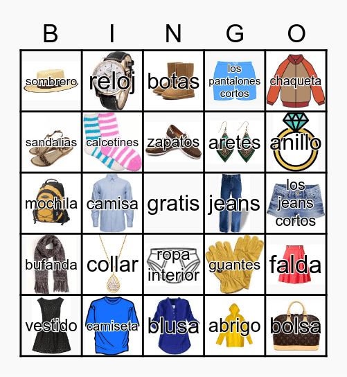 Spanish Clothing Words Bingo Card