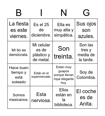 Ser y Estar (questions) Bingo Card