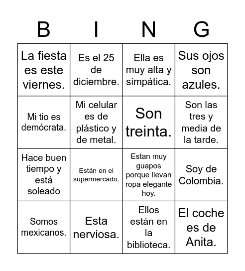 Ser y Estar (questions) Bingo Card